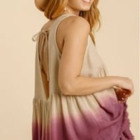 Umgee Linen Sleeveless Top Pink/Cream Ombre V-Neck Blouse Babydoll Peasant M - Picture 2 of 11